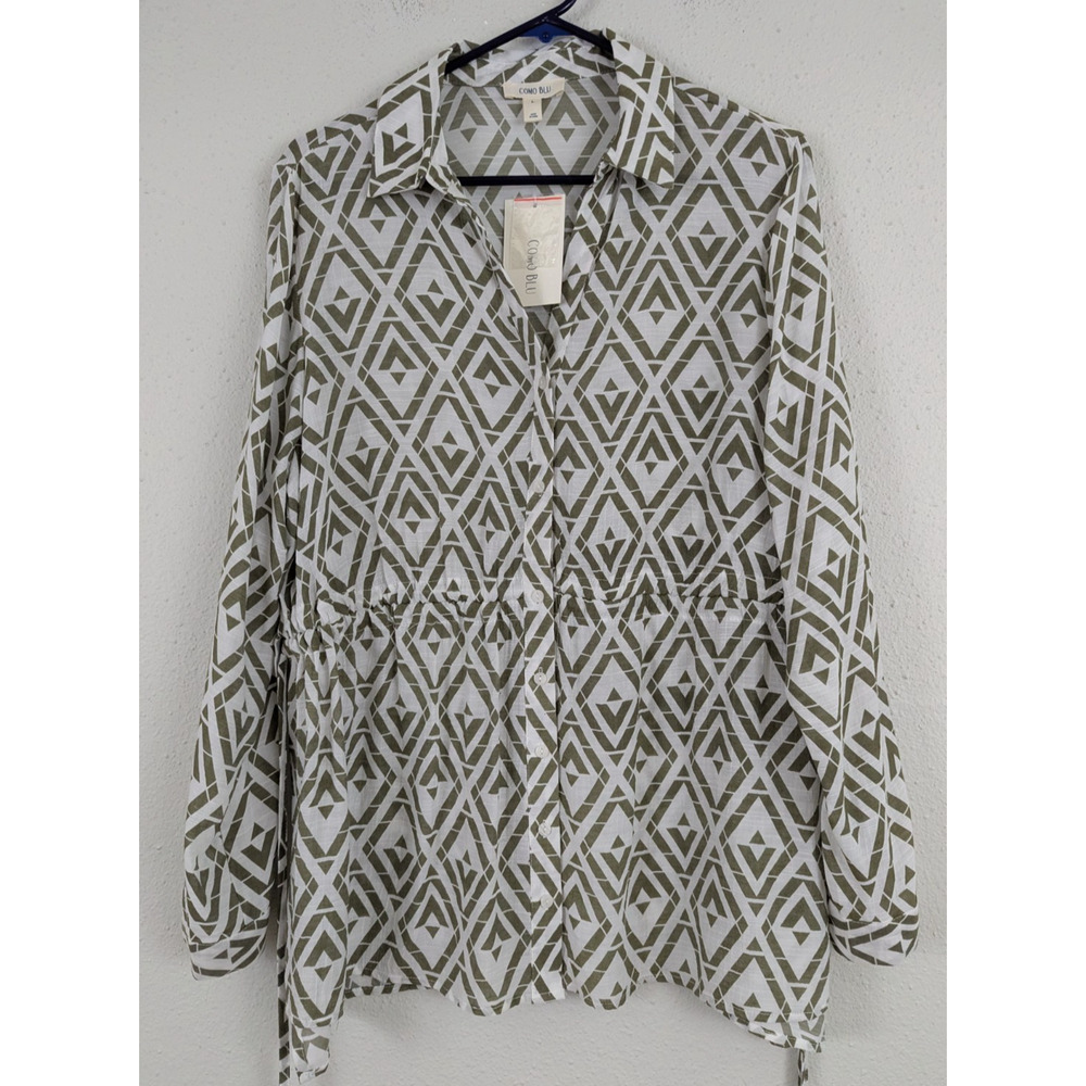 New Como Blu sz L Tunic Shirt buttons ls drawstring waist green & white 2147